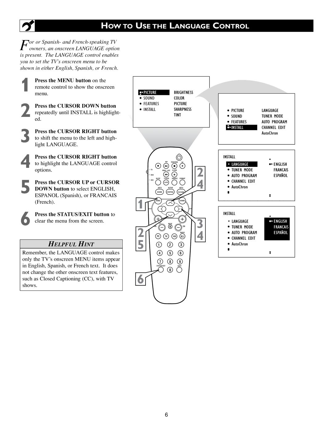 Philips Flat Panel Television warranty HOW to USE the Language Control, Install 