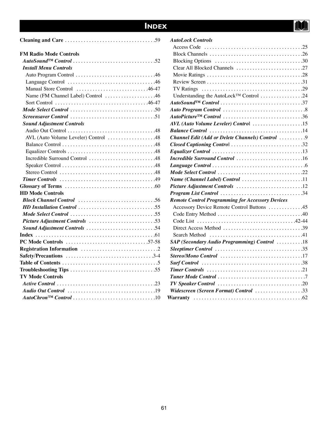 Philips Flat Panel Television warranty Index, Install Menu Controls 