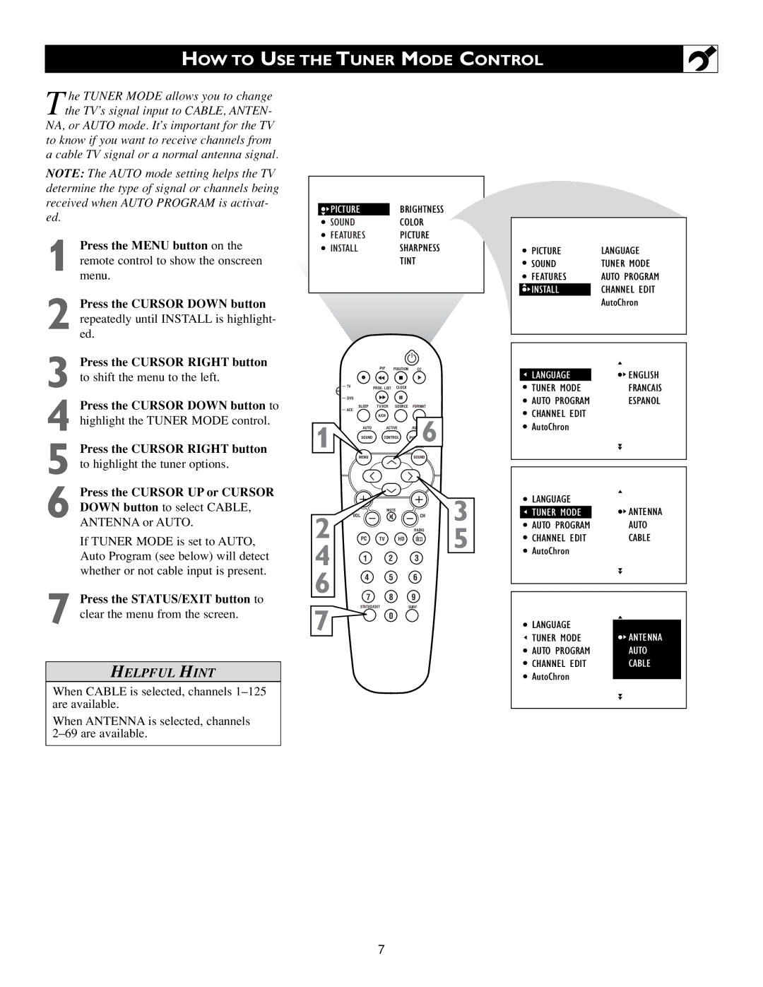 Philips Flat Panel Television warranty HOW to USE the Tuner Mode Control, Antenna, Auto, Cable 