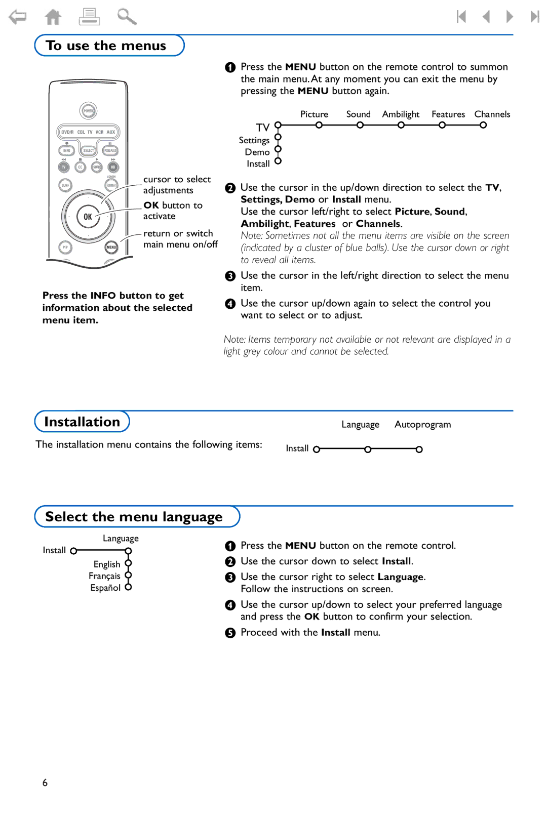 Philips Flat TV manual To use the menus, Select the menu language, Installation menu contains the following items 