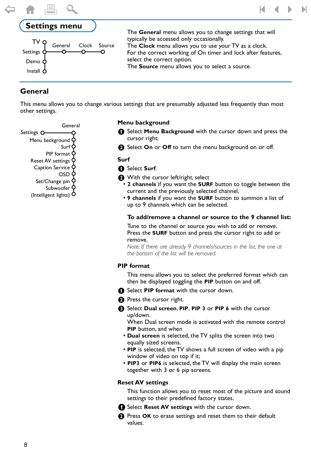 Philips Flat TV manual Settings menu, General 