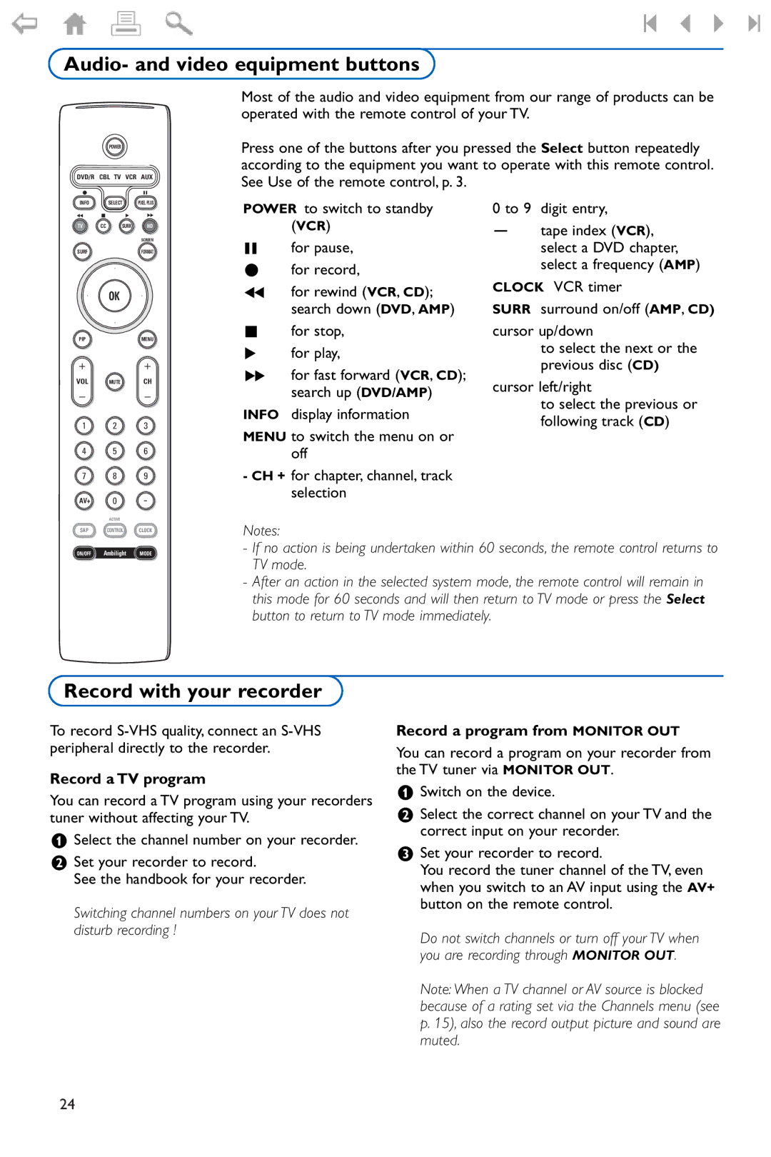 Philips Flat TV Audio- and video equipment buttons, Record with your recorder, For pause For record, Record a TV program 