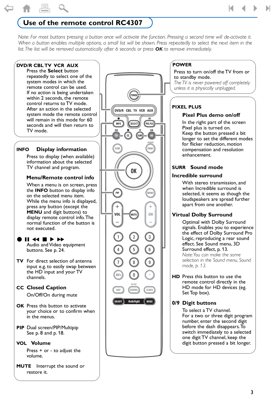 Philips Flat TV manual Use of the remote control RC4307 