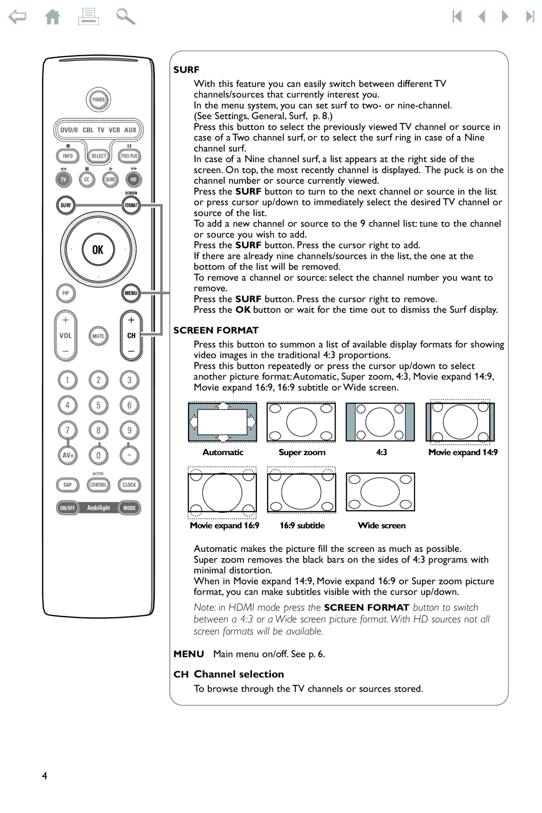 Philips Flat TV manual CH Channel selection, Surf 