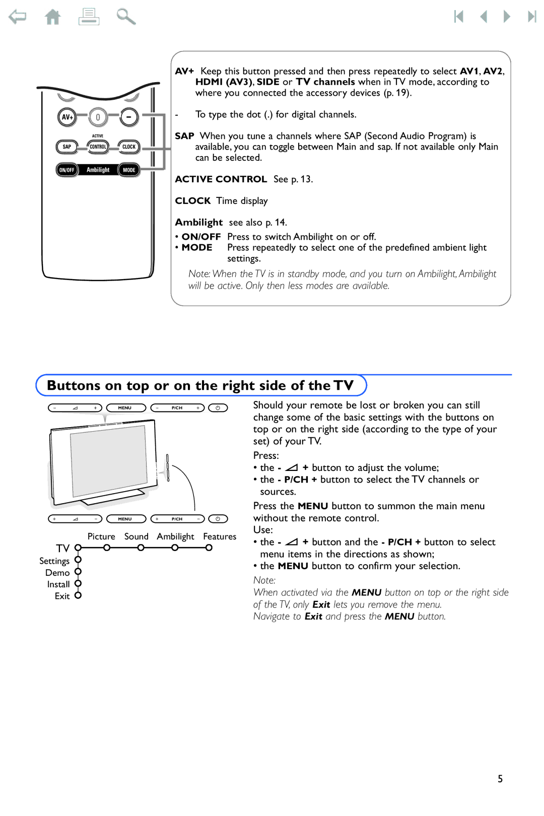 Philips Flat TV manual Buttons on top or on the right side of the TV, Active Control See p 