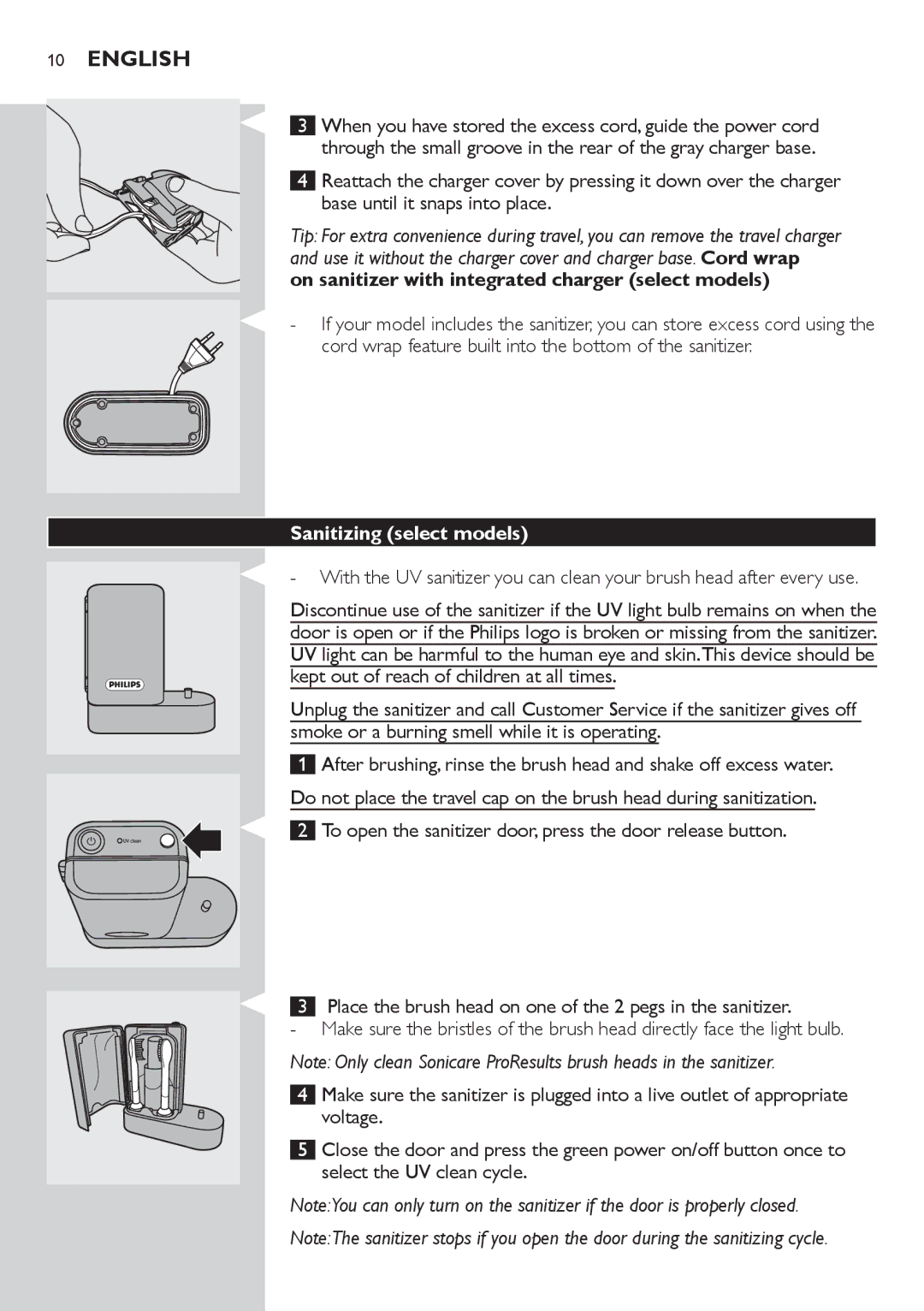 Philips FlexCare 900 manual On sanitizer with integrated charger select models, Sanitizing select models 