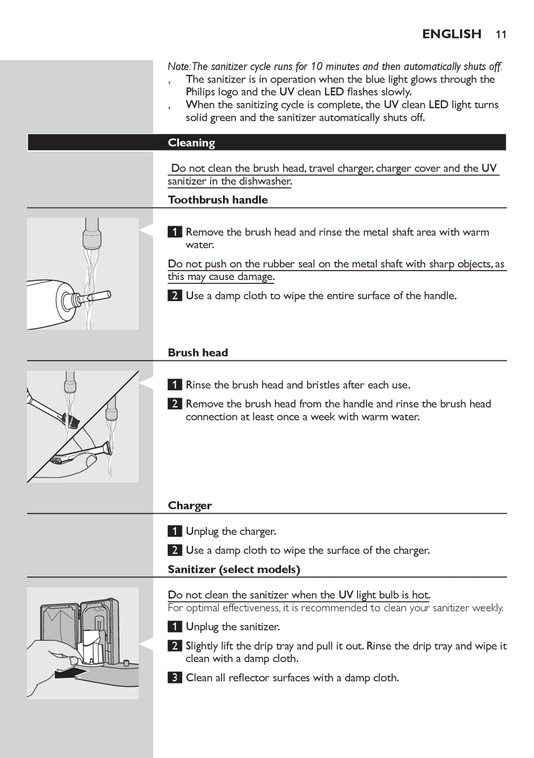 Philips FlexCare 900 manual Cleaning, Toothbrush handle, Brush head, Charger, Sanitizer select models 