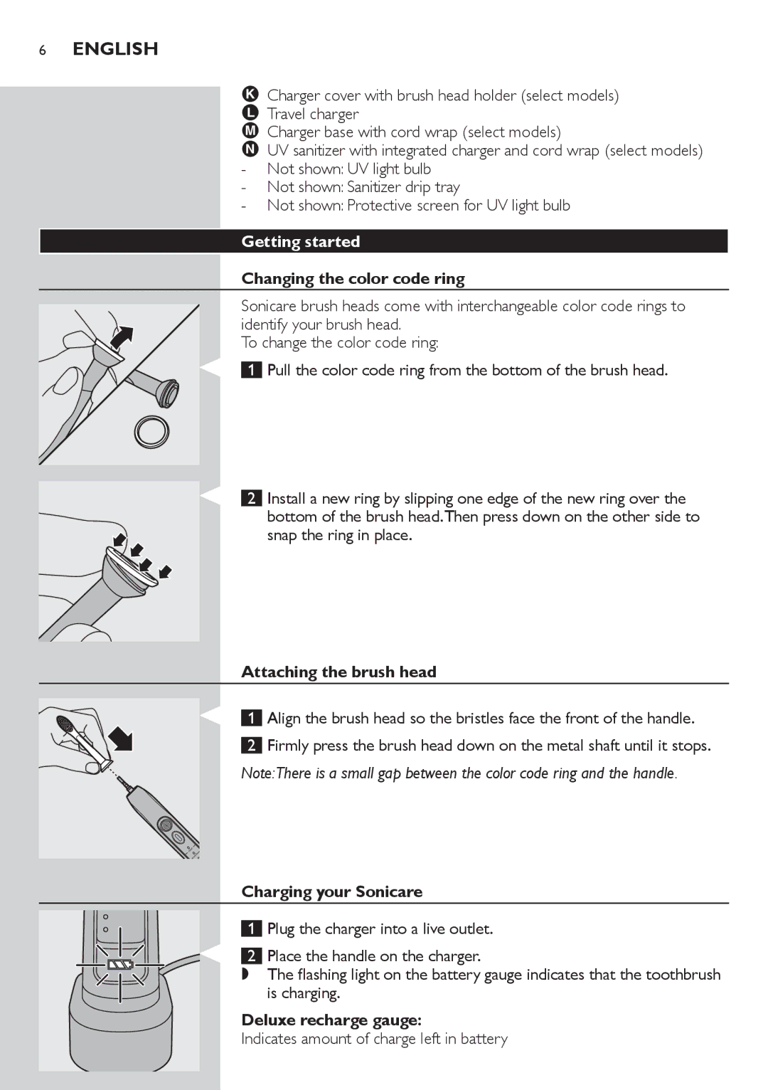 Philips FlexCare 900 manual Getting started, Changing the color code ring, Attaching the brush head, Charging your Sonicare 