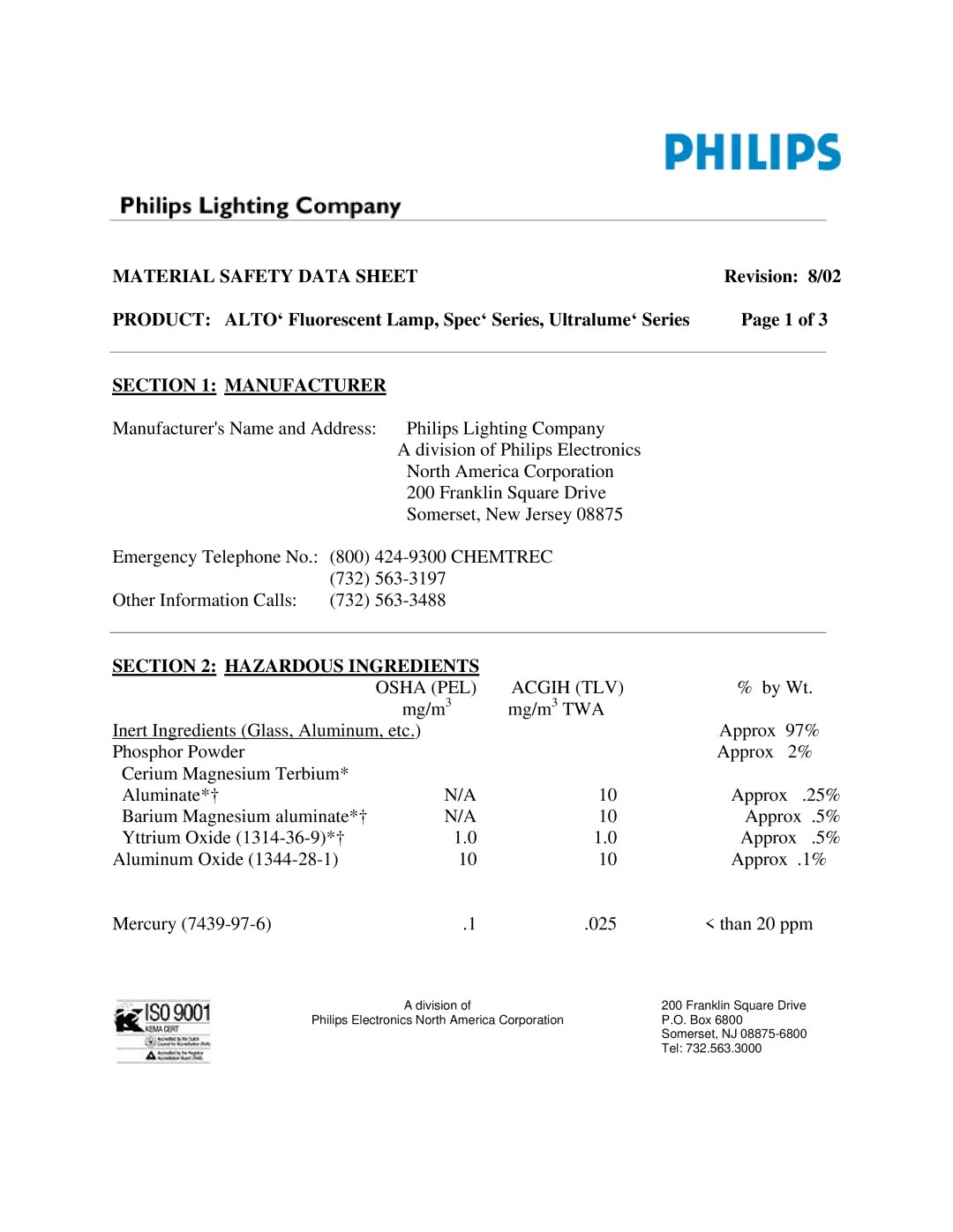 Philips Fluorescent Lamp manual Material Safety Data Sheet, Manufacturer, Hazardous Ingredients 