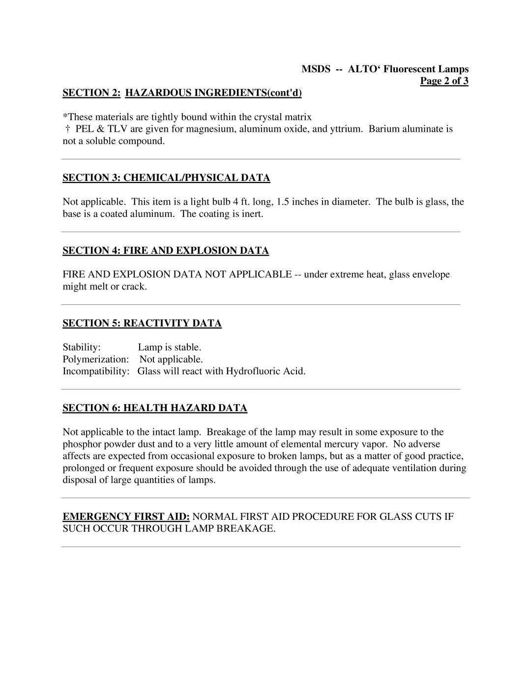 Philips Fluorescent Lamp manual CHEMICAL/PHYSICAL Data, Fire and Explosion Data, Reactivity Data, Health Hazard Data 