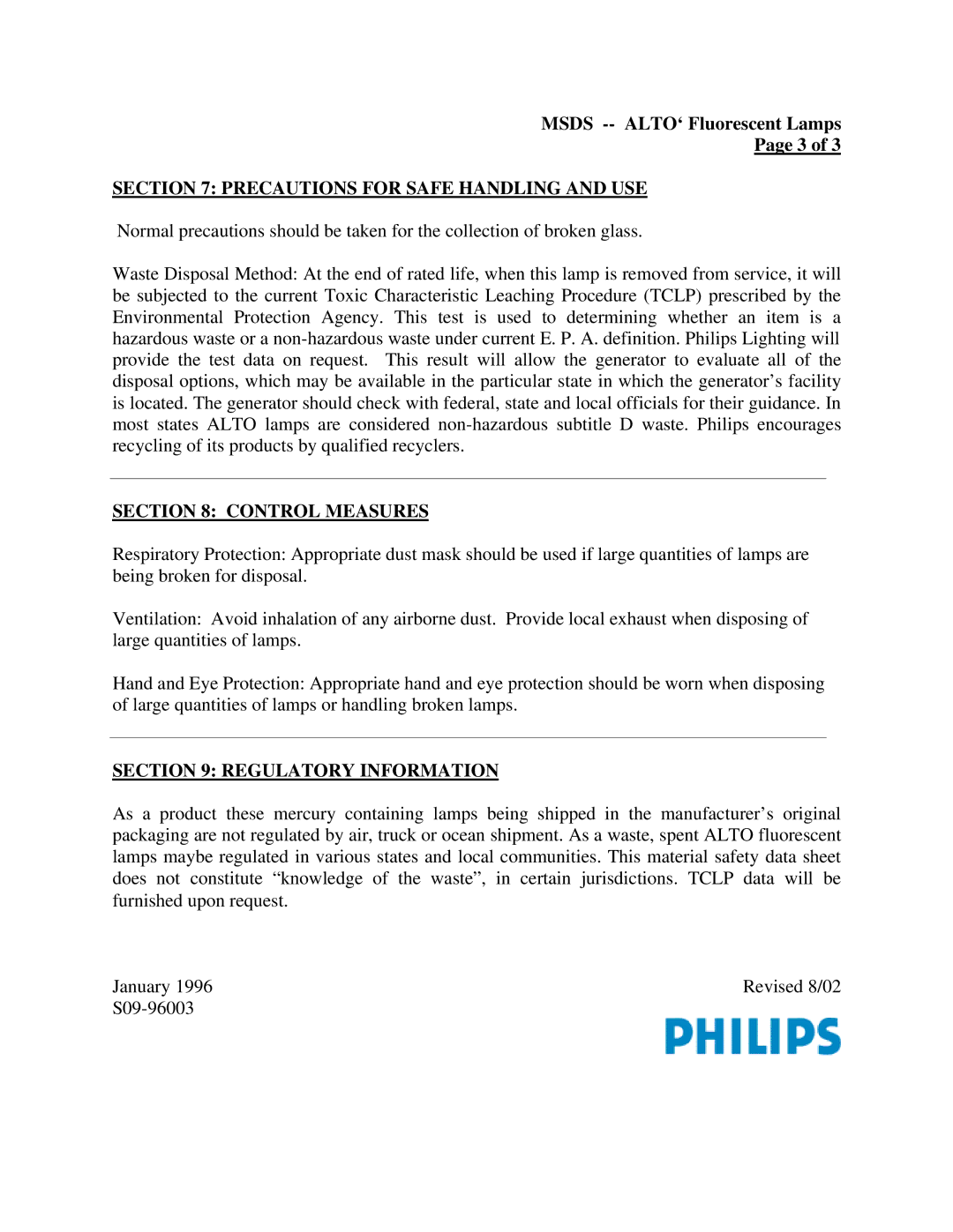 Philips Fluorescent Lamp manual Precautions for Safe Handling and USE, Control Measures, Regulatory Information 