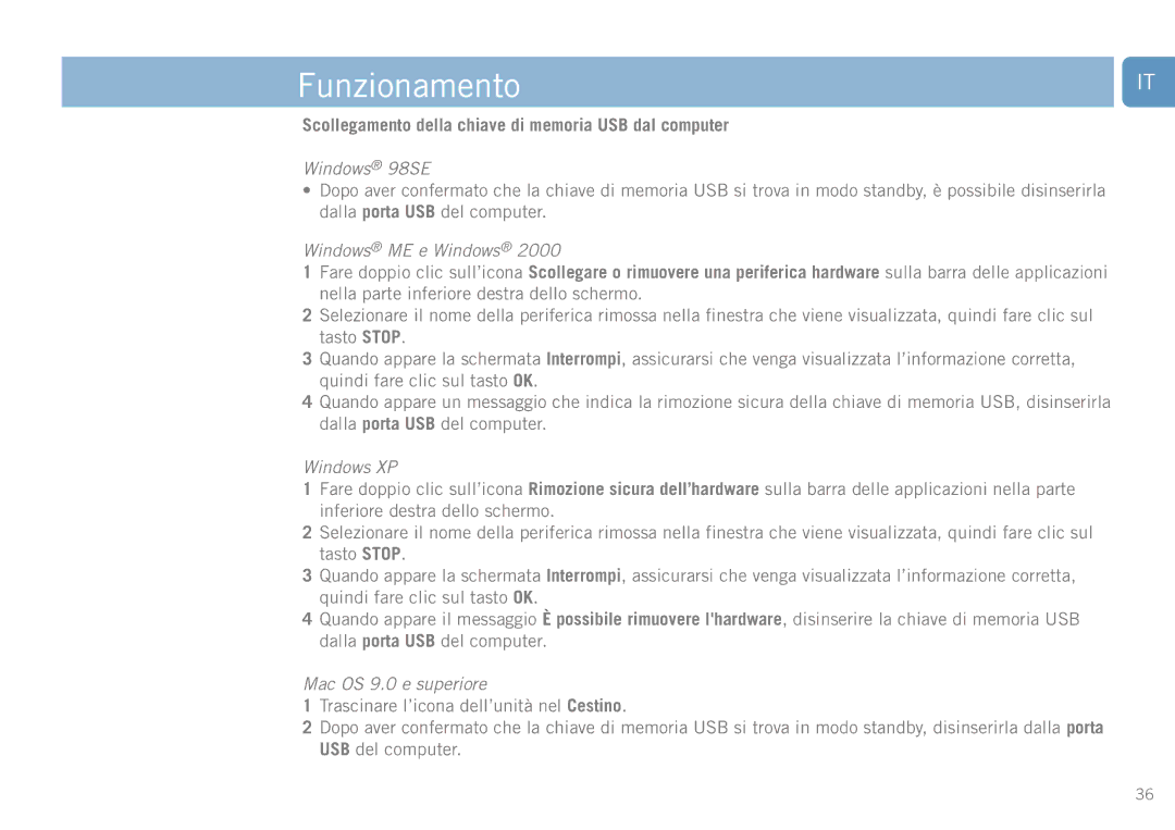 Philips FM01SW60 Scollegamento della chiave di memoria USB dal computer, Windows ME e Windows, Mac OS 9.0 e superiore 