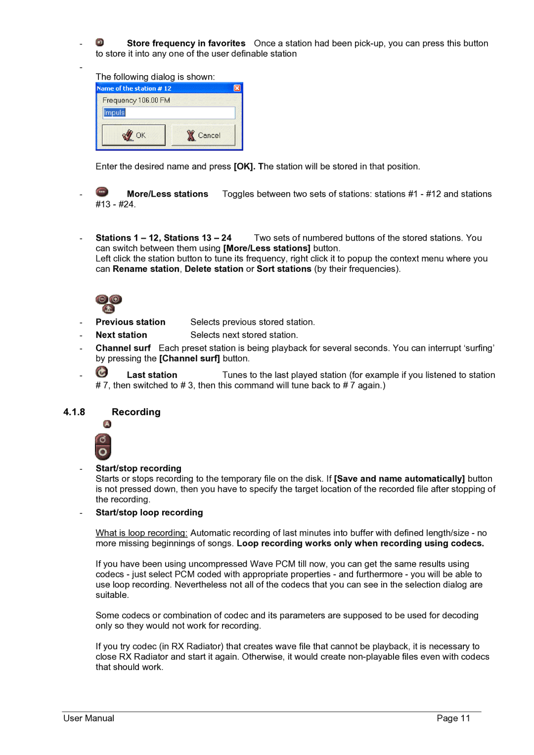 Philips FMU-100 user manual Recording, Next station, Last station, Start/stop recording, Start/stop loop recording 