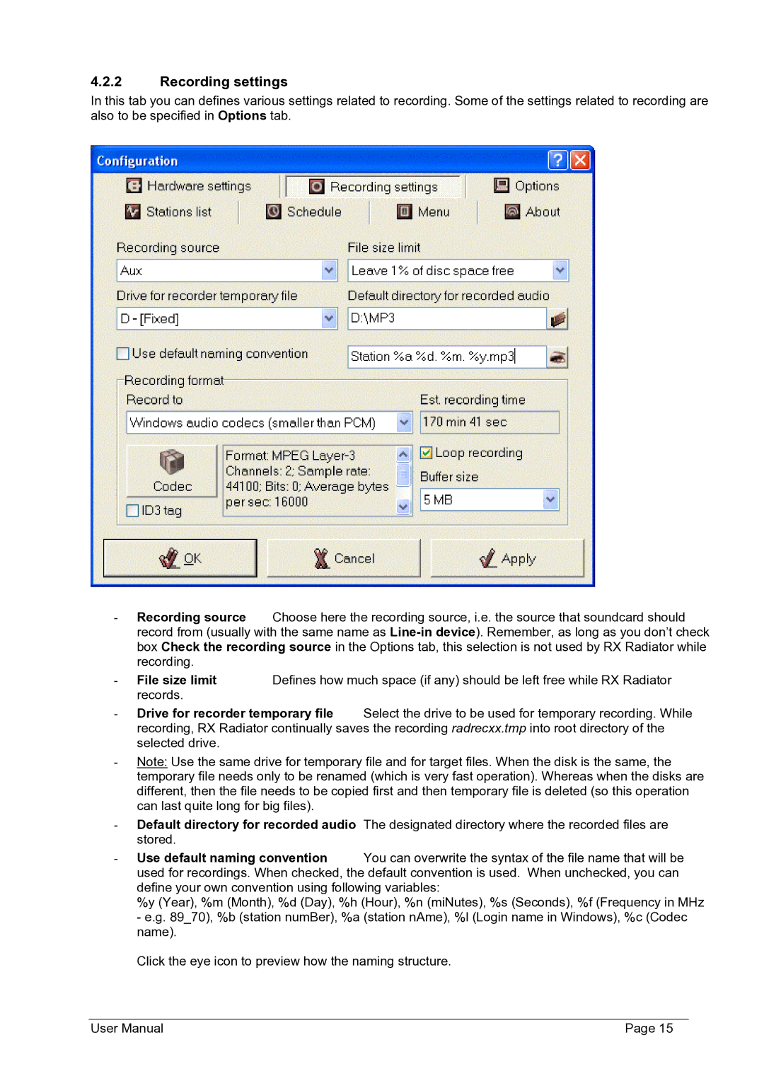 Philips FMU-100 user manual Recording settings, File size limit 