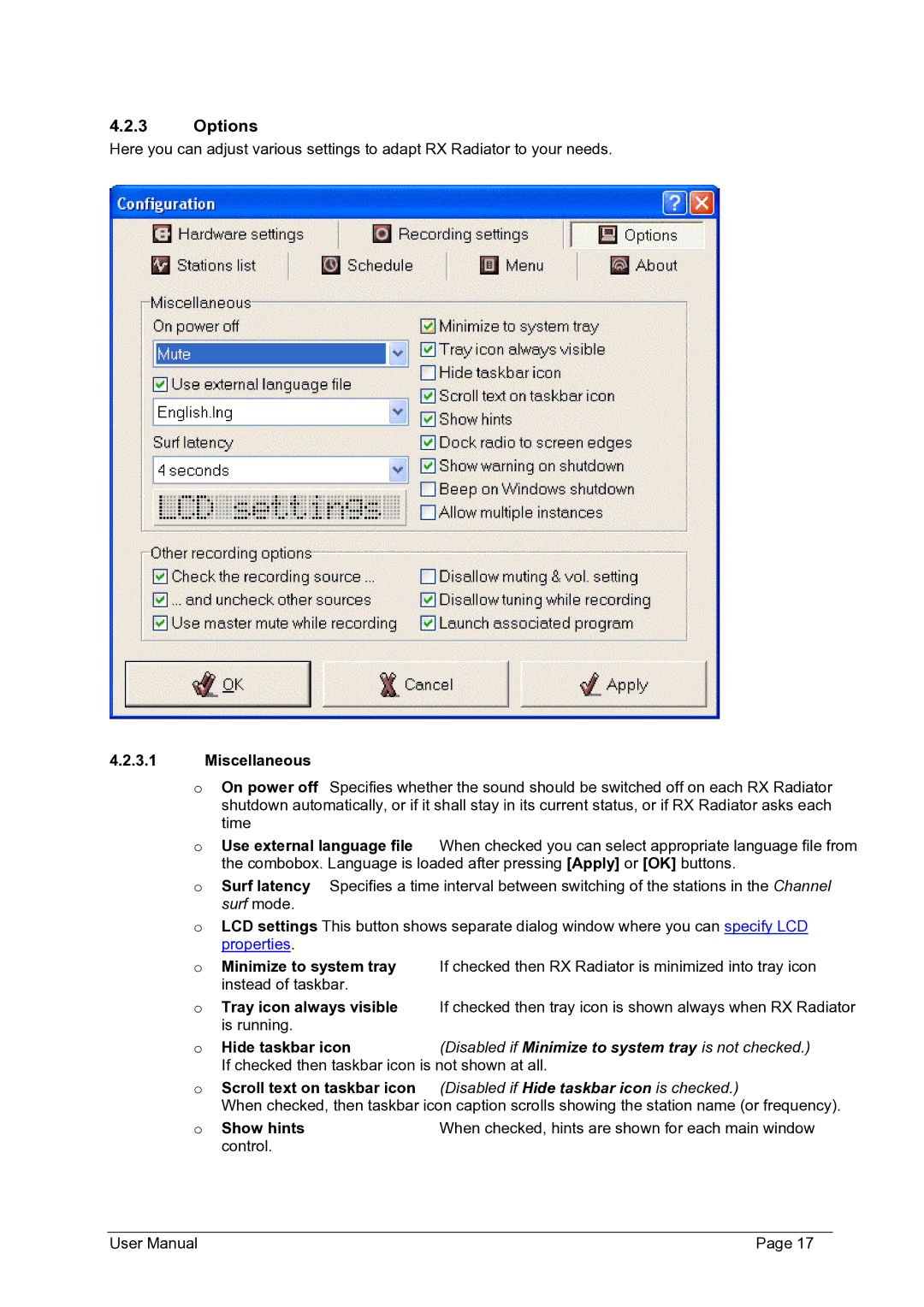 Philips FMU-100 user manual Options, Miscellaneous, Show hints 