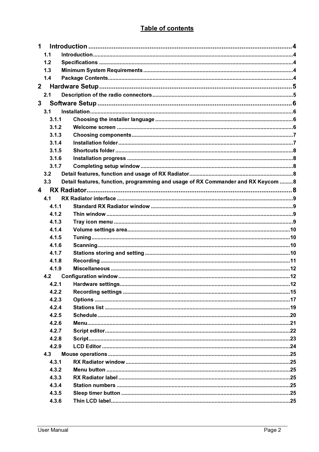 Philips FMU-100 user manual Table of contents Introduction, Hardware Setup, Software Setup, RX Radiator 