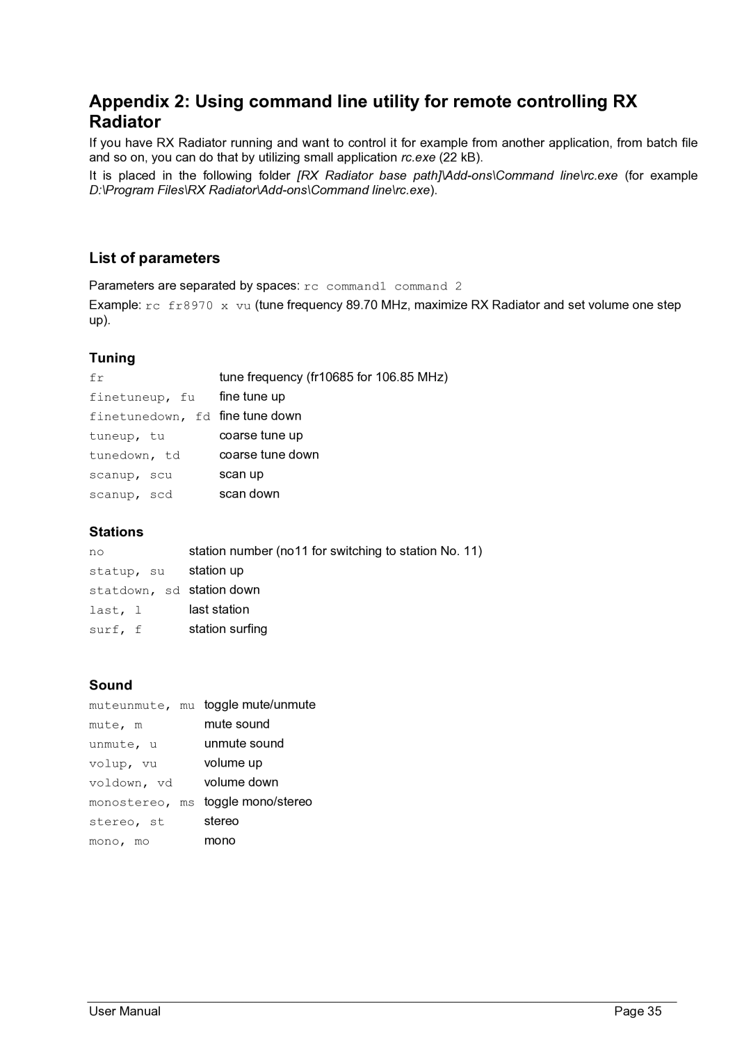 Philips FMU-100 user manual List of parameters, Stations, Sound 