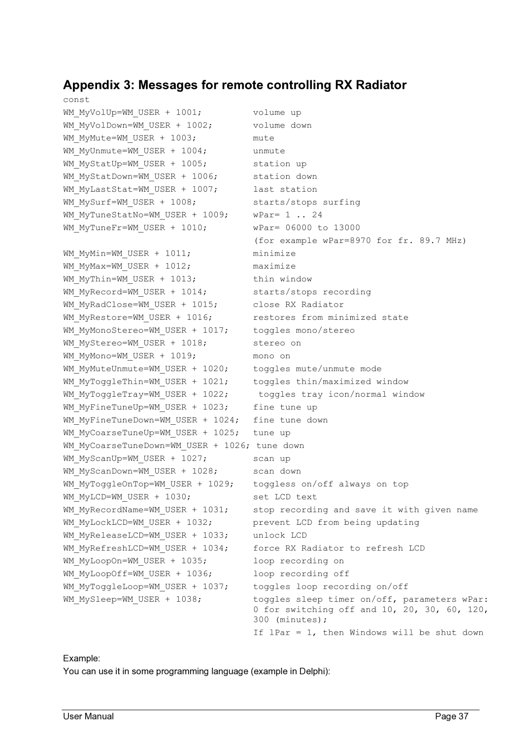 Philips FMU-100 user manual Appendix 3 Messages for remote controlling RX Radiator 