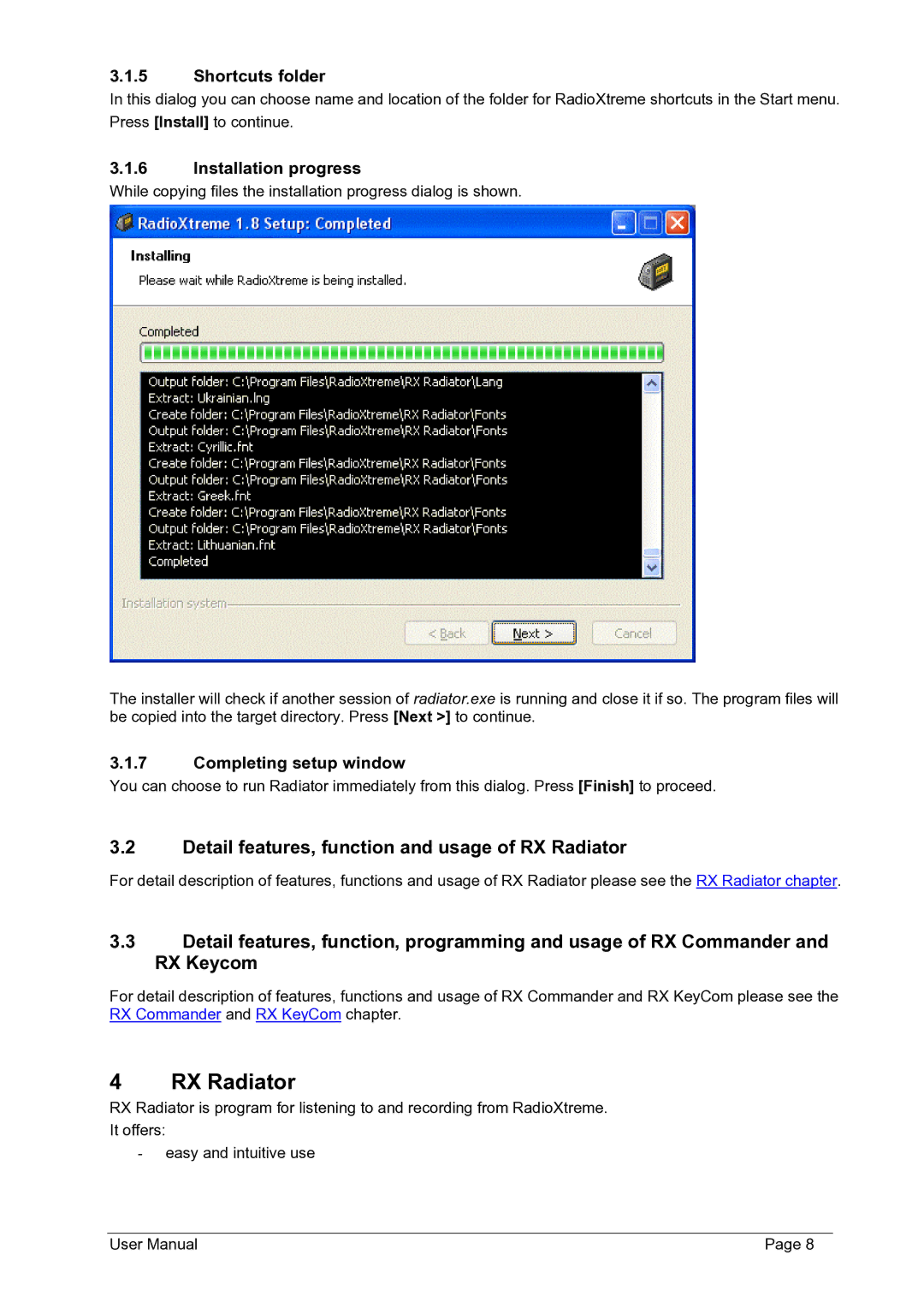 Philips FMU-100 user manual Detail features, function and usage of RX Radiator, Shortcuts folder, Installation progress 