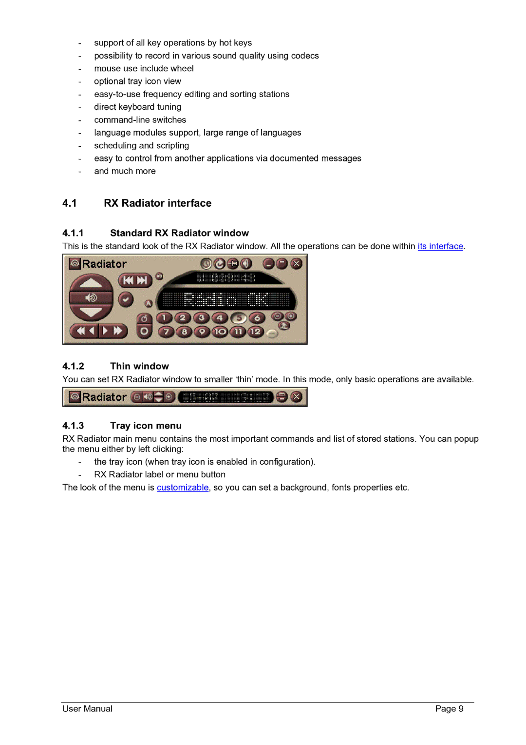 Philips FMU-100 user manual RX Radiator interface, Standard RX Radiator window, Thin window, Tray icon menu 