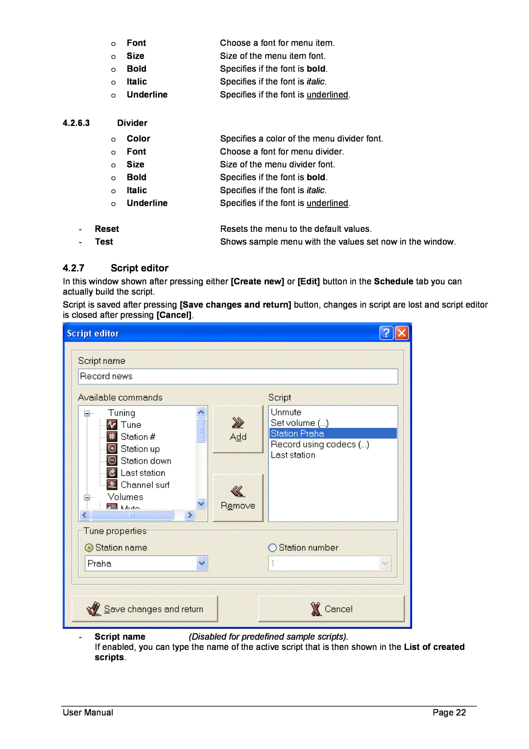 Philips FMU-100 user manual 4.2.7Script editor, Font, Size, Bold, Italic, Underline, 4.2.6.3Divider, Color, Reset, Test 