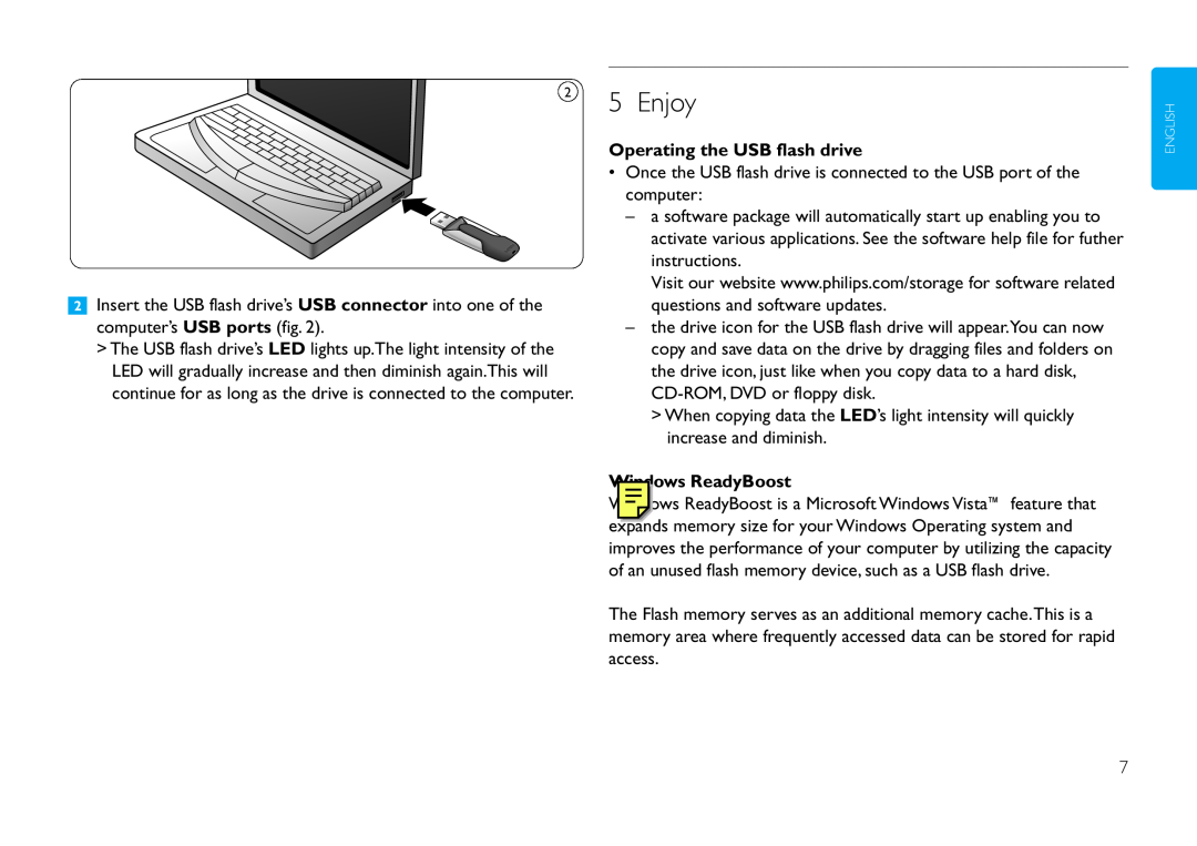 Philips FMXXFD02B/00 manual 2 5 Enjoy, Operating the USB flash drive, Windows ReadyBoost 