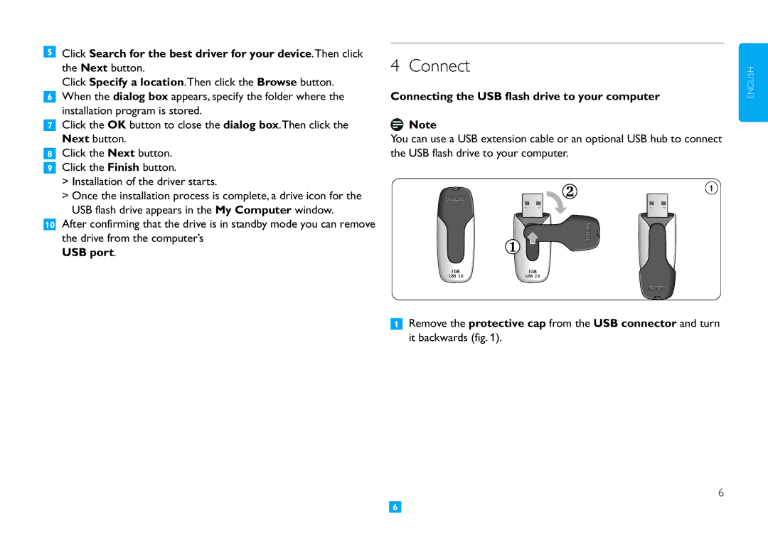 Philips FMXXFD20B manual USB port, Connecting the USB flash drive to your computer 