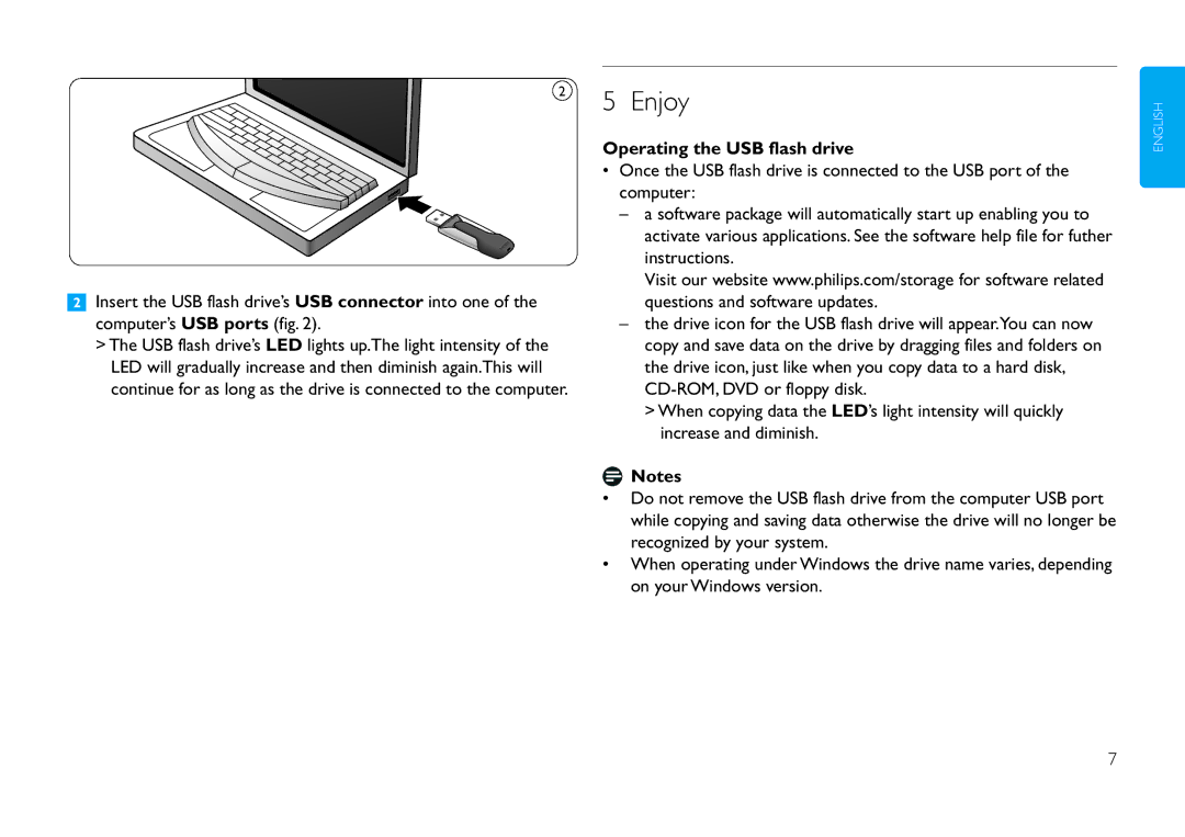 Philips FMXXFD20B manual Enjoy, Operating the USB flash drive 