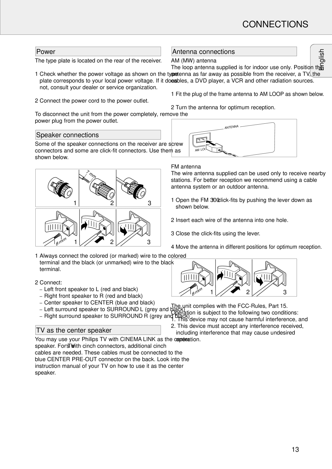 Philips FR-986, FR-995 Power, Speaker connections, TV as the center speaker Antenna connections, AM MW antenna, FM antenna 