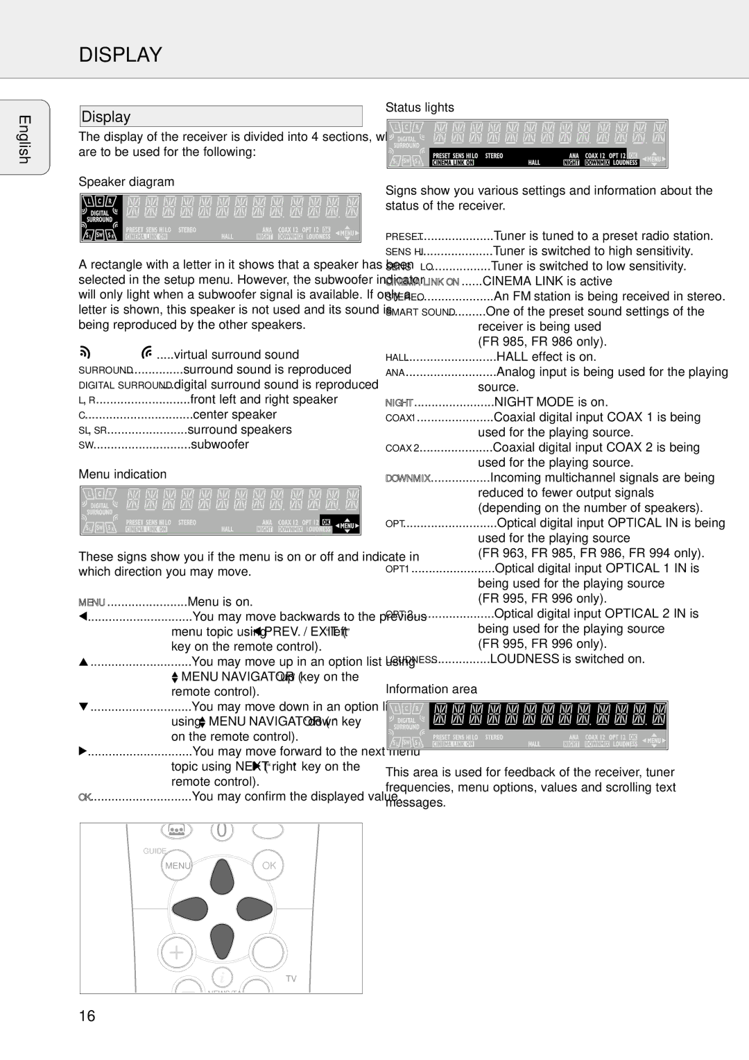 Philips FR-985, FR-995, FR-994, FR-986, FR-963 warranty English Display, Speaker diagram, Status lights, Information area 