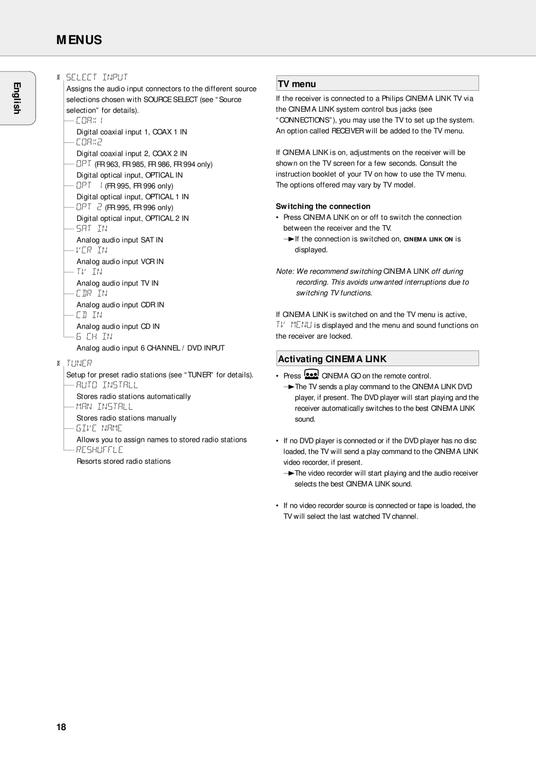 Philips FR-986, FR-995, FR-985, FR-994, FR-963 warranty TV menu, Activating Cinema Link, Switching the connection 