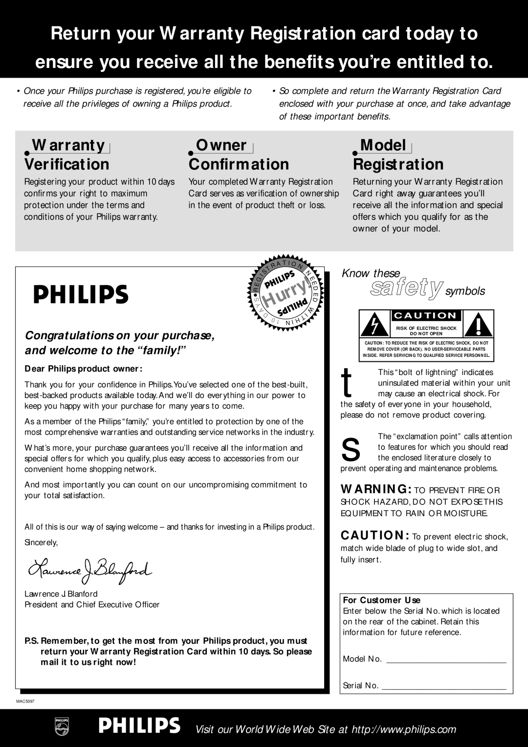 Philips FR-994, FR-995, FR-985 Dear Philips product owner, Prevent operating and maintenance problems, For Customer Use 