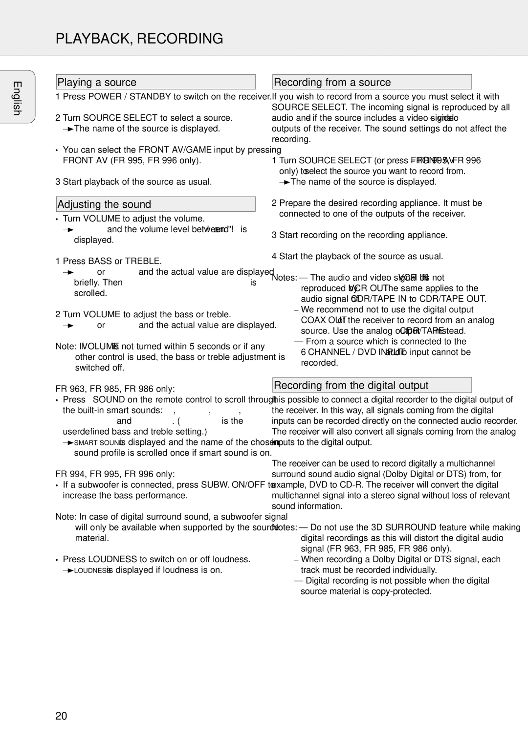 Philips FR-995, FR-985, FR-994 PLAYBACK, Recording, English Playing a source, Adjusting the sound, Recording from a source 