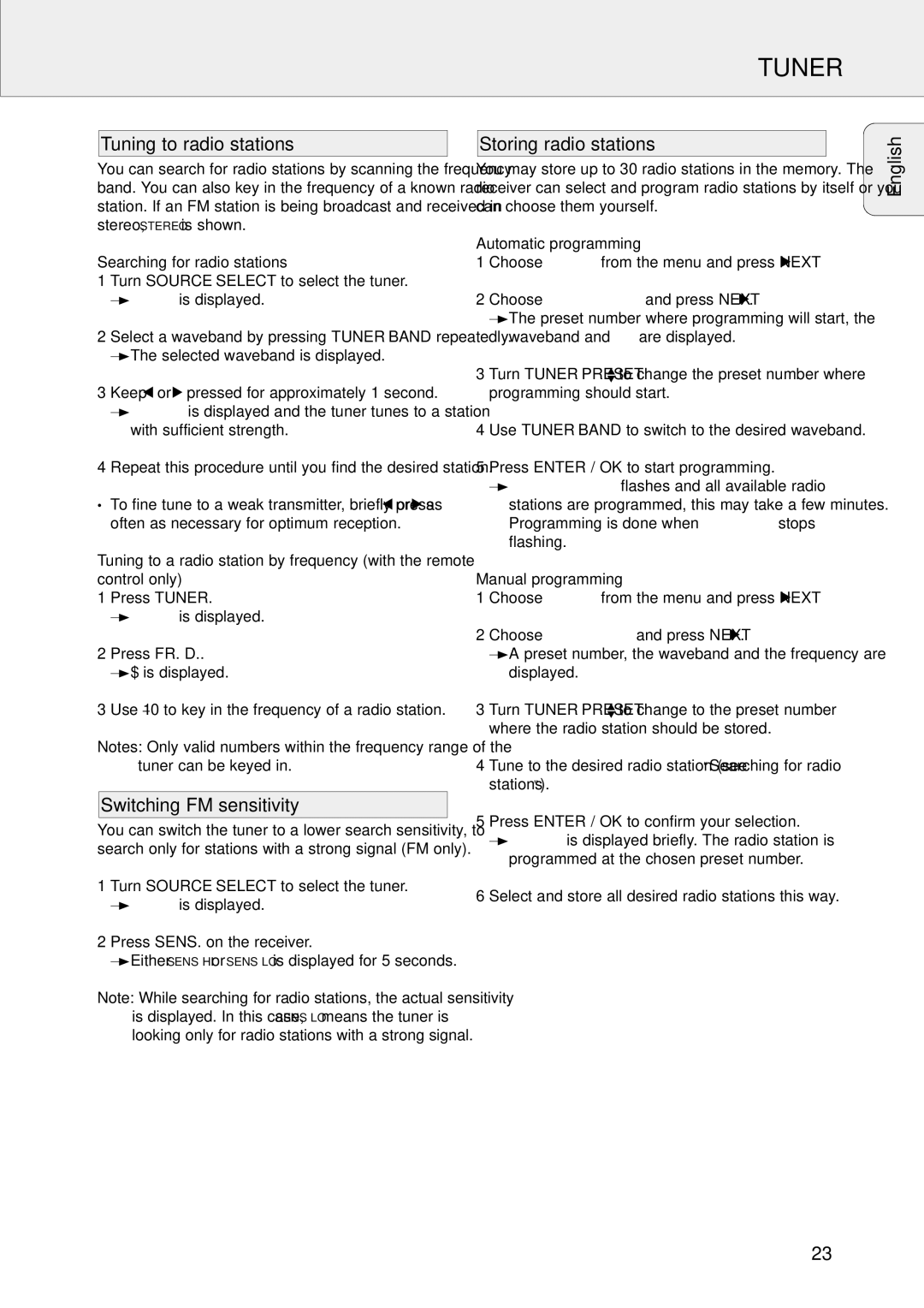 Philips FR-986, FR-995, FR-985, FR-994 Tuner, Tuning to radio stations, Switching FM sensitivity, Storing radio stations 