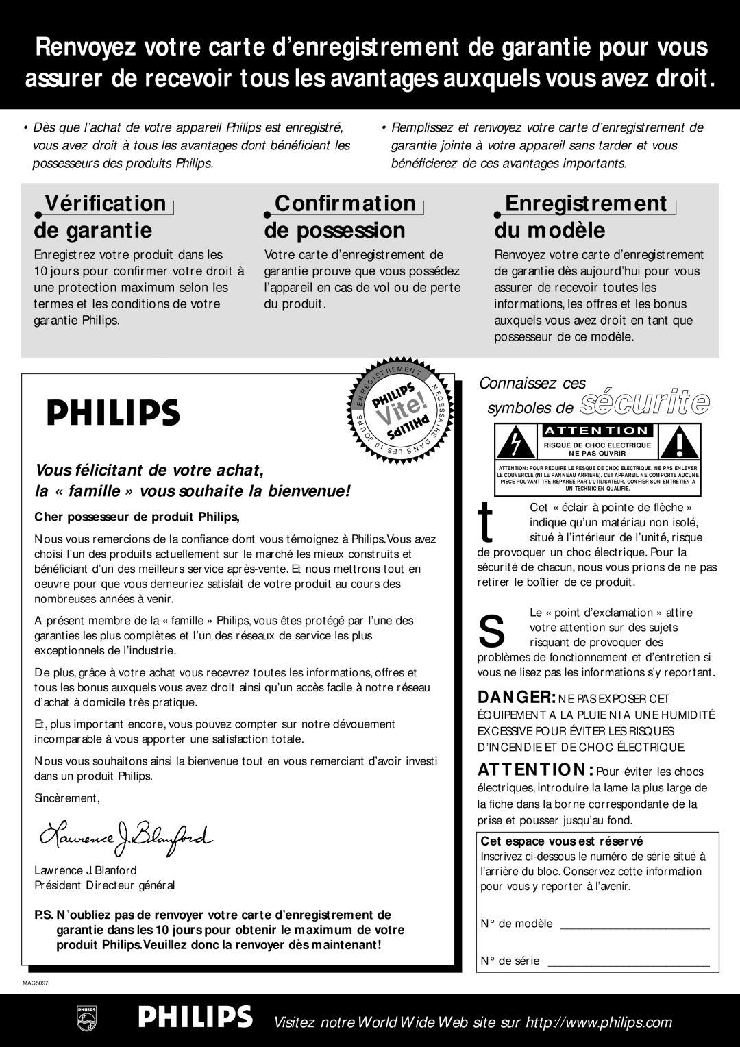 Philips FR-986, FR-995, FR-985, FR-994, FR-963 warranty Cher possesseur de produit Philips, Cet espace vous est réservé 