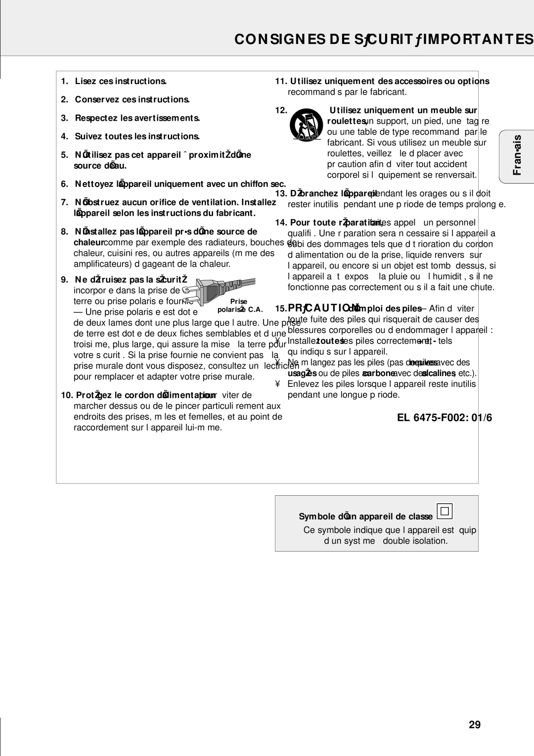 Philips FR-963, FR-995 Consignes DE Sécurité Importantes, EL 6475-F002 01/6 Français, Symbole d’ un appareil de classe 