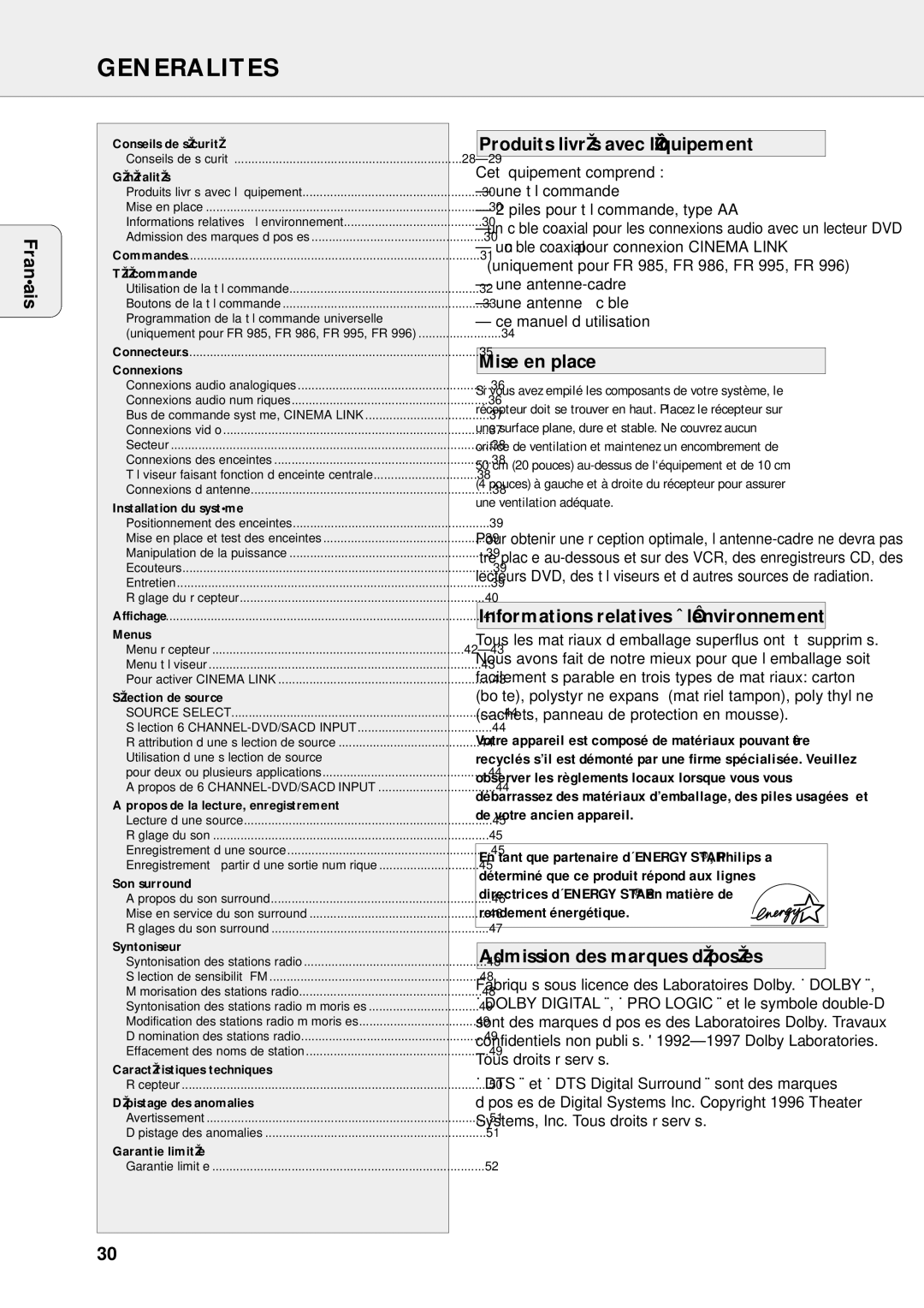 Philips FR-995 Generalites, Produits livrés avec l‘équipement, Mise en place, Informations relatives à l‘environnement 