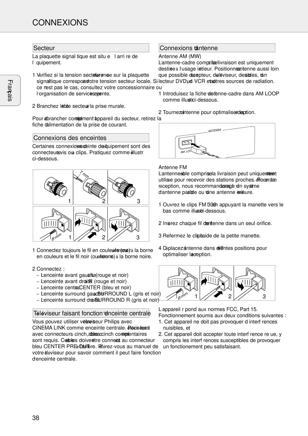 Philips FR-986, FR-995, FR-985 Français Secteur, Connexions des enceintes, Connexions d‘antenne, Antenne AM MW, Antenne FM 