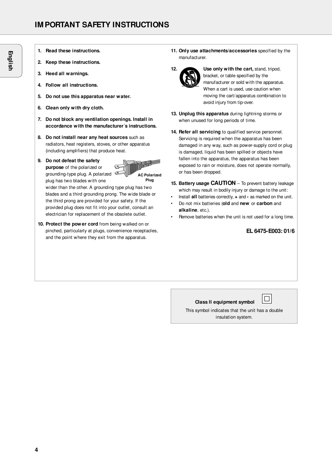 Philips FR-963, FR-995, FR-985 Important Safety Instructions, English, EL 6475-E003 01/6, Plug has two blades with one 