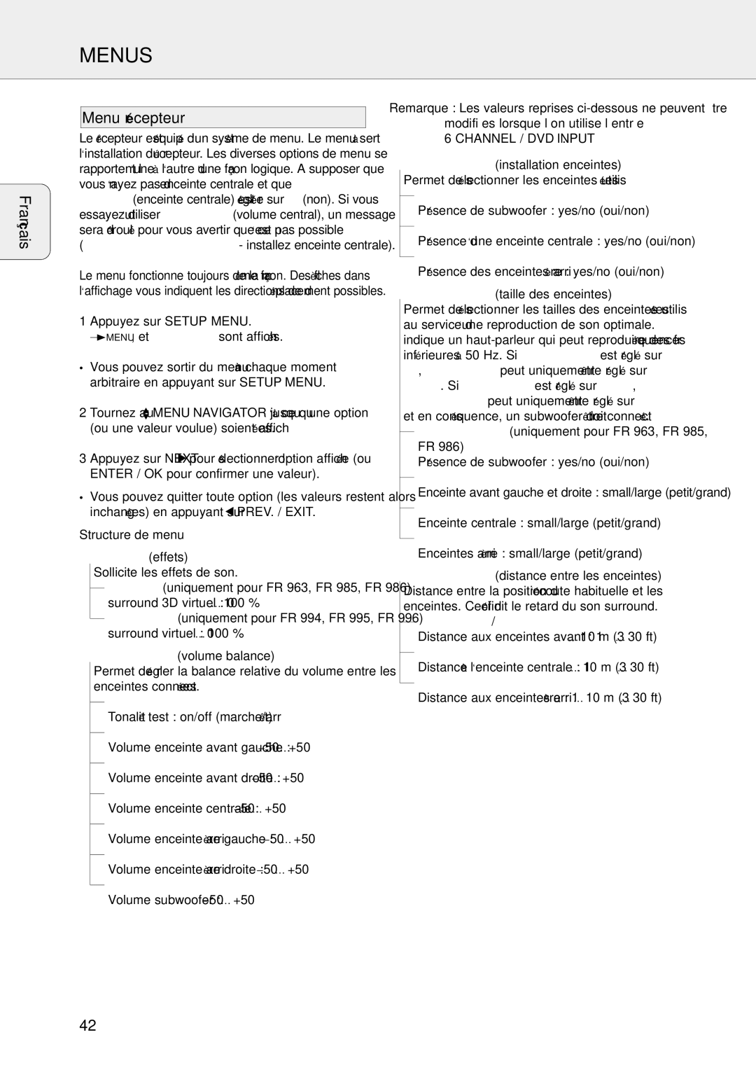 Philips FR-994, FR-995, FR-985, FR-986, FR-963 warranty Français Menu récepteur, Structure de menu 