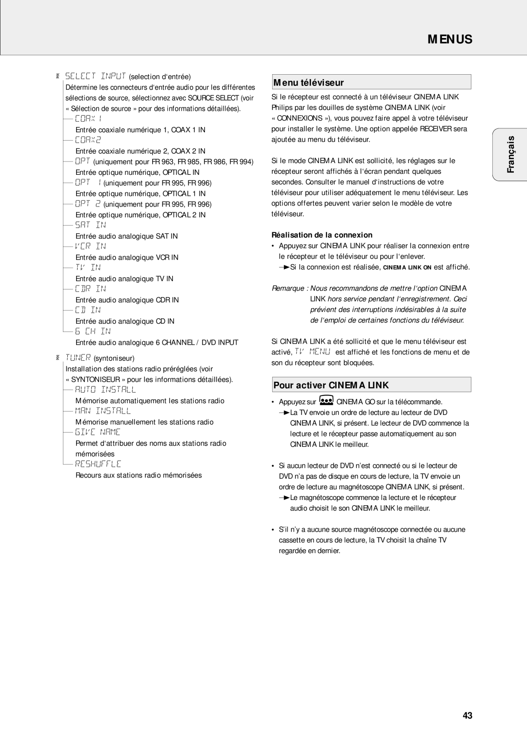 Philips FR-986, FR-995, FR-985, FR-994, FR-963 warranty Menu téléviseur, Pour activer Cinema Link, Réalisation de la connexion 