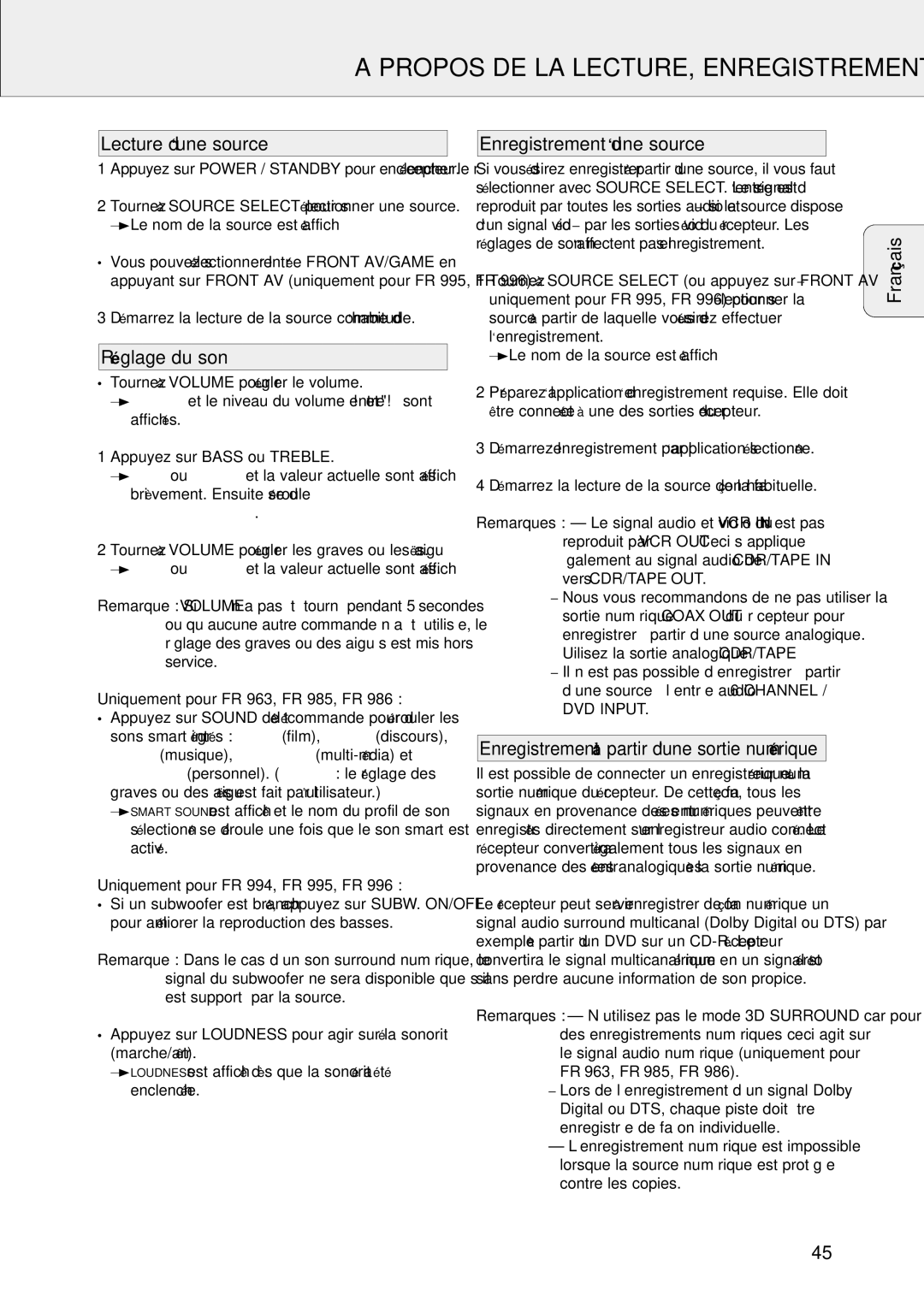 Philips FR-995 Propos DE LA LECTURE, Enregistrement, Lecture d‘une source, Réglage du son, Enregistrement d‘une source 