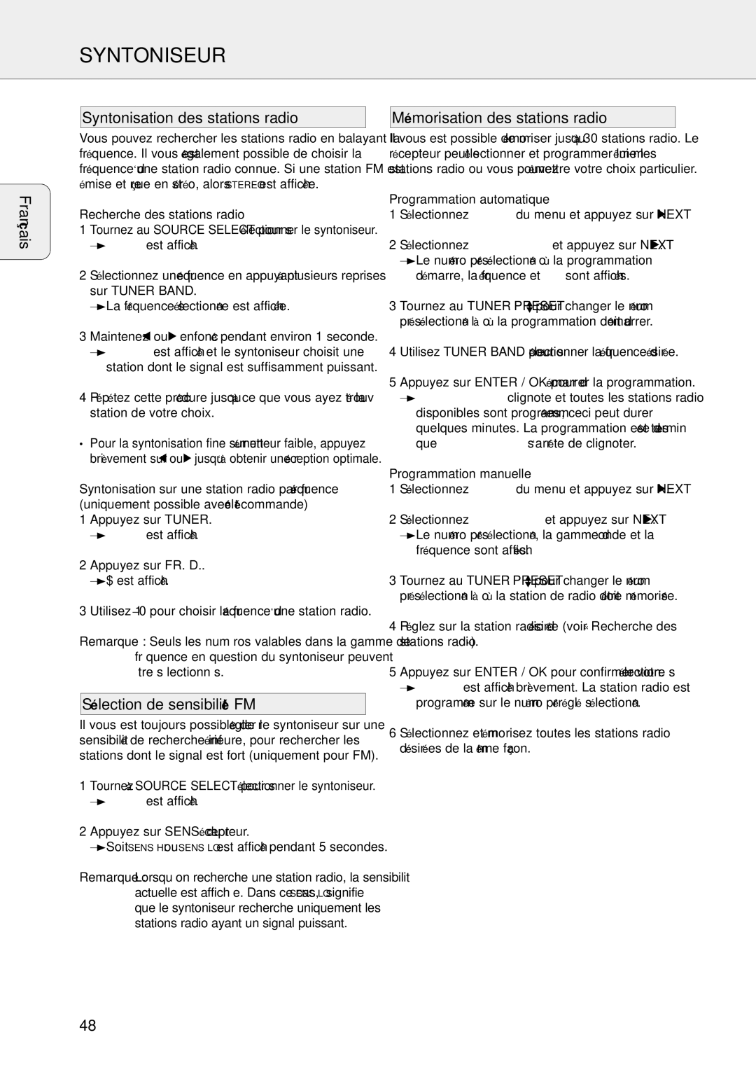 Philips FR-986, FR-995, FR-985, FR-994 Syntoniseur, Français Syntonisation des stations radio, Sélection de sensibilité FM 