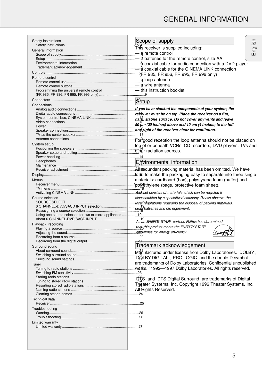 Philips FR-995, FR-985 General Information, Scope of supply, Setup, Environmental information, Trademark acknowledgement 