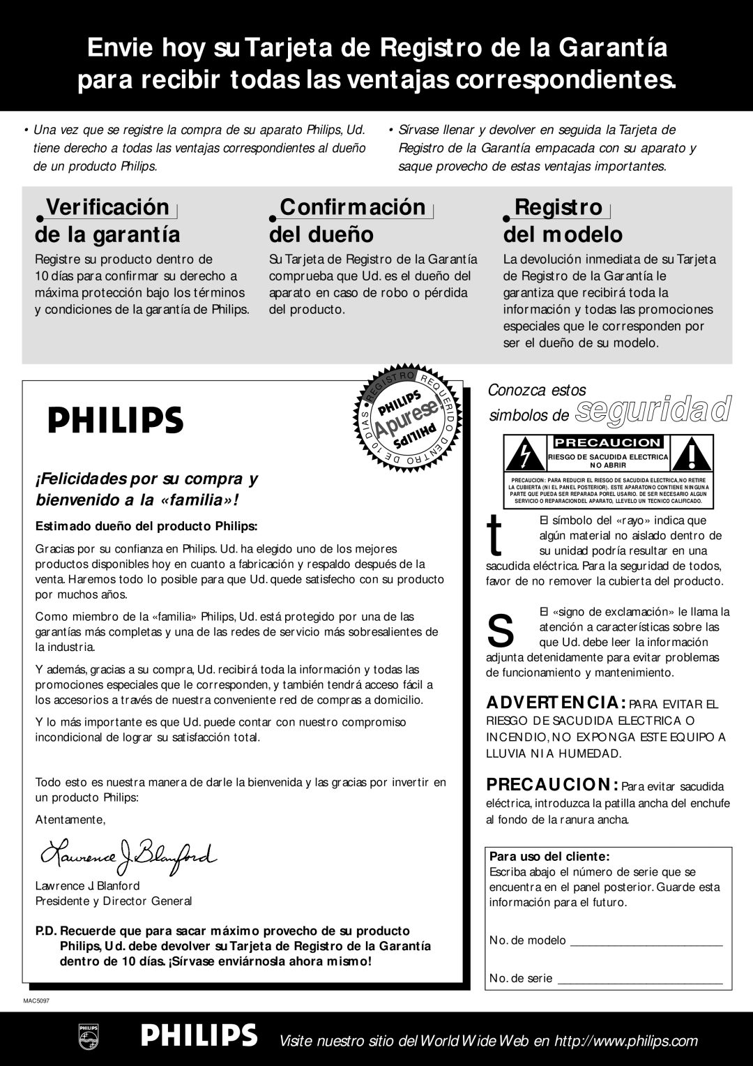 Philips FR-986, FR-995, FR-985, FR-994, FR-963 warranty Estimado dueño del producto Philips, Para uso del cliente 