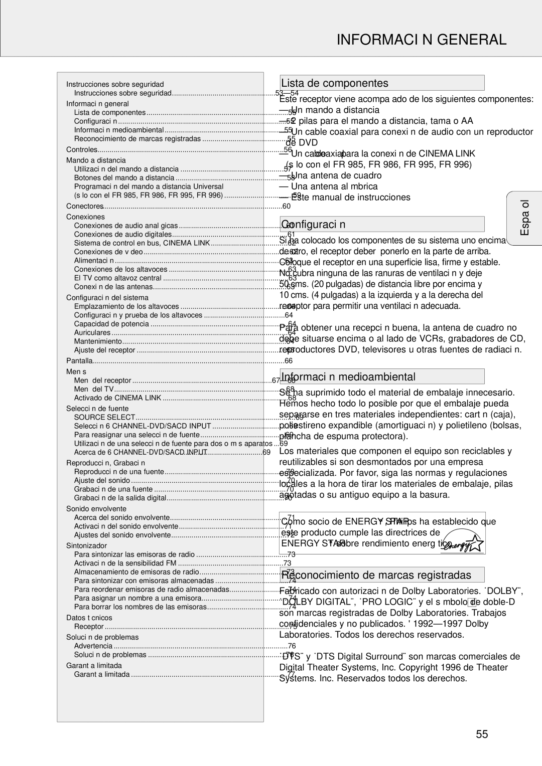 Philips FR-995, FR-985, FR-994, FR-986 Información General, Lista de componentes, Configuración, Información medioambiental 