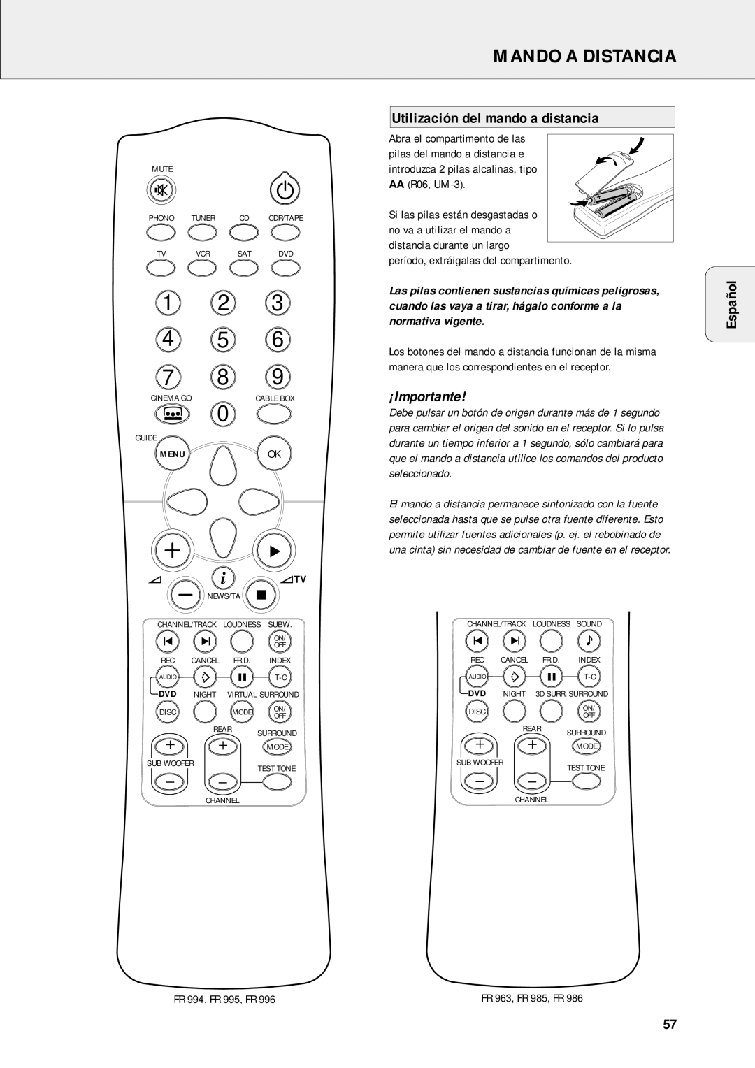 Philips FR-994, FR-995, FR-985 Mando a Distancia, Utilización del mando a distancia, Período, extráigalas del compartimento 