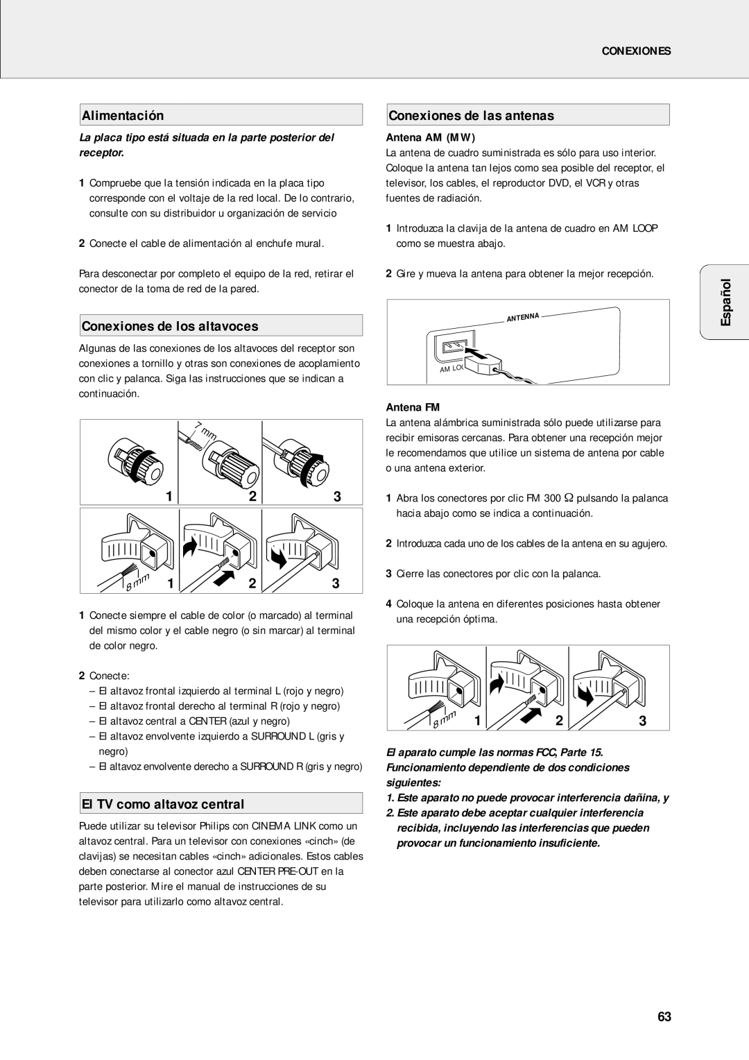 Philips FR-986 Alimentación, Conexiones de las antenas, Español Conexiones de los altavoces, El TV como altavoz central 