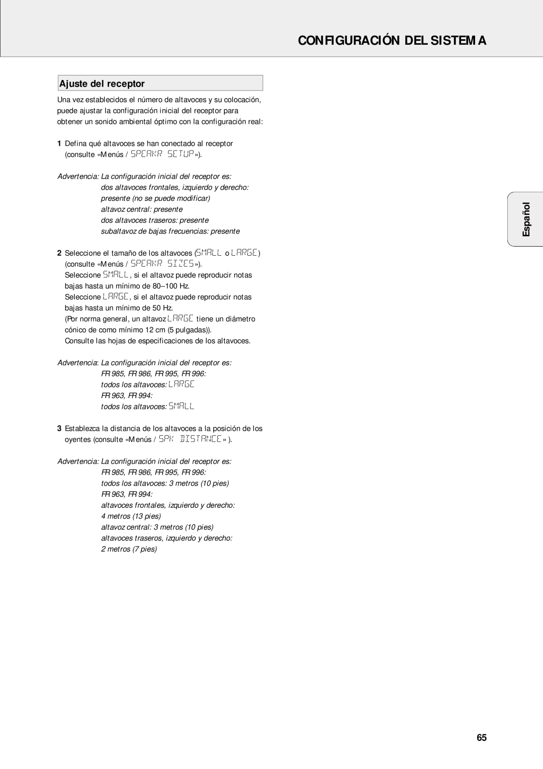 Philips FR-995, FR-985, FR-994, FR-986, FR-963 Ajuste del receptor, Consulte las hojas de especificaciones de los altavoces 