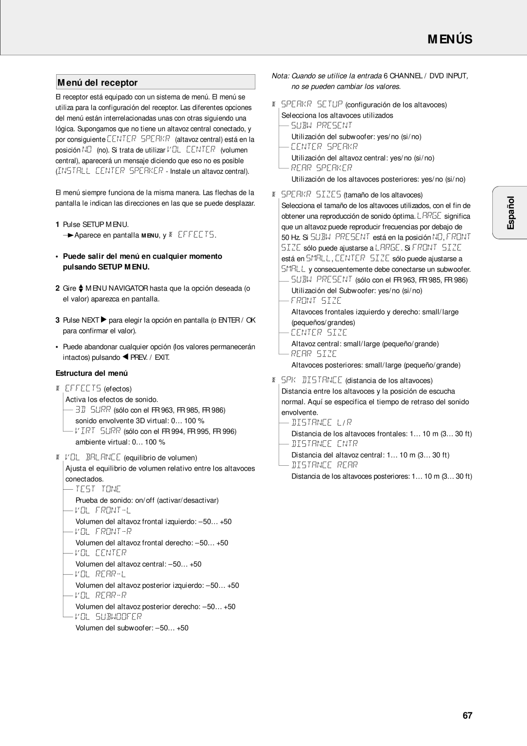 Philips FR-994, FR-995, FR-985, FR-986, FR-963 warranty Menús, Menú del receptor, Estructura del menú 